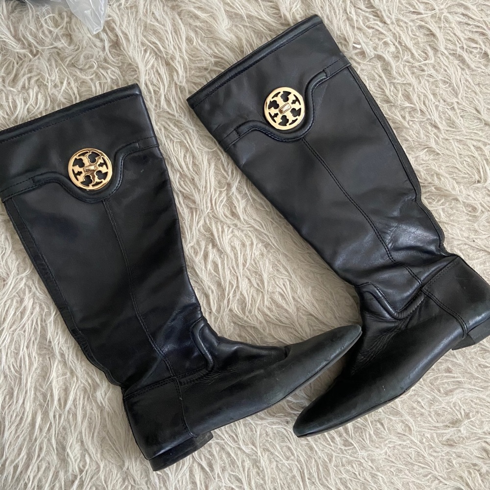 Tort Burch Selma Leather Black Tall Riding Boots